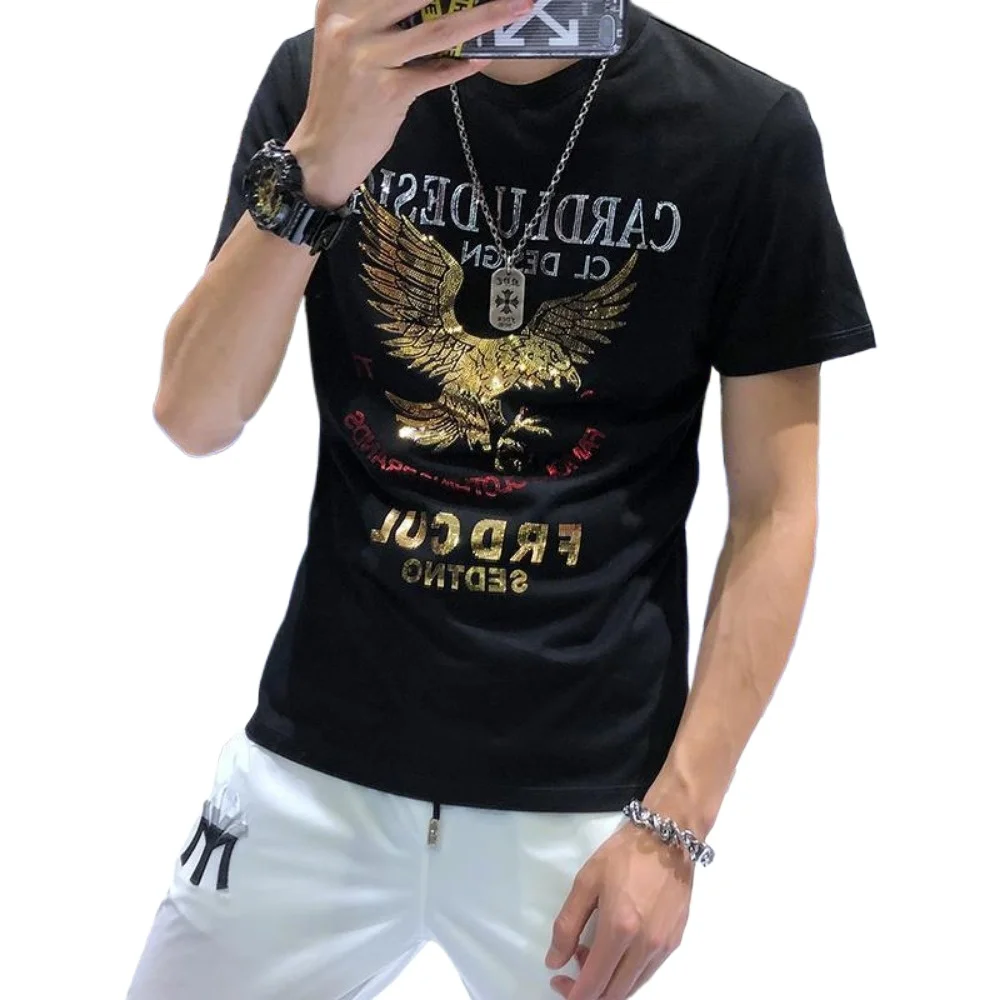 Fashion Men's Short Sleeve T-Shirt Trendy Eagle Bright Diamond Tops Slim Fit Casual Round Neck Versatile Clothes Base Shirt