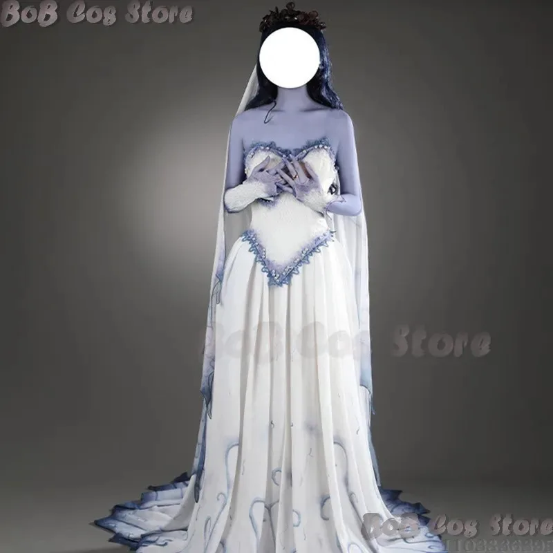 

25COSCorpse Masquerade Bride Emily Cosplay Fancy White Dress Costume Wig Veil Zombie Ghost Halloween Party Women Scary Gothic Su
