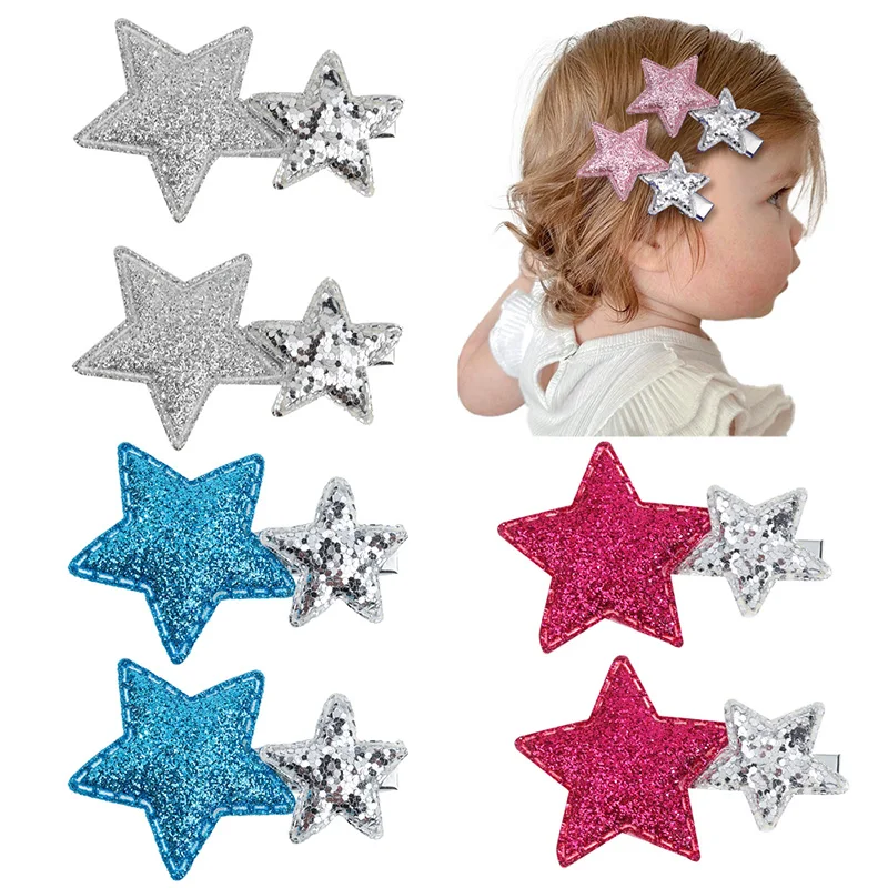 ncmama 2Pcs/lot 3CM Silver Star Hair Clip For Baby Girls Cute Pink Hairpins Barrettes Boutique Hair Accessories Kids Headwear