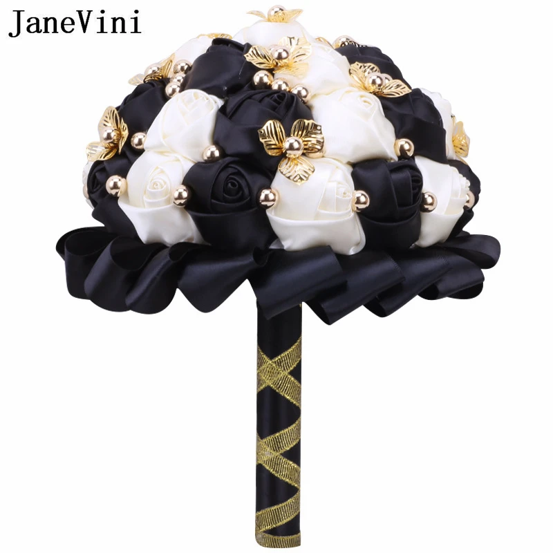 JaneVini Luxury Wedding Flowers Bridal Bouquets with Gold Decoration Pearls Black Roses Wedding Bouquet Novia Bride Accessories