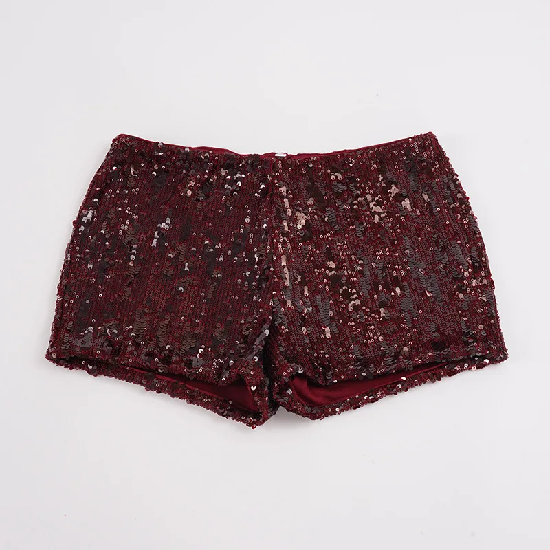 Retro Low-rise Burgundy Shiny Sequined Spice Girls Hip-wrapped Shorts Party Fashion Hot Pants