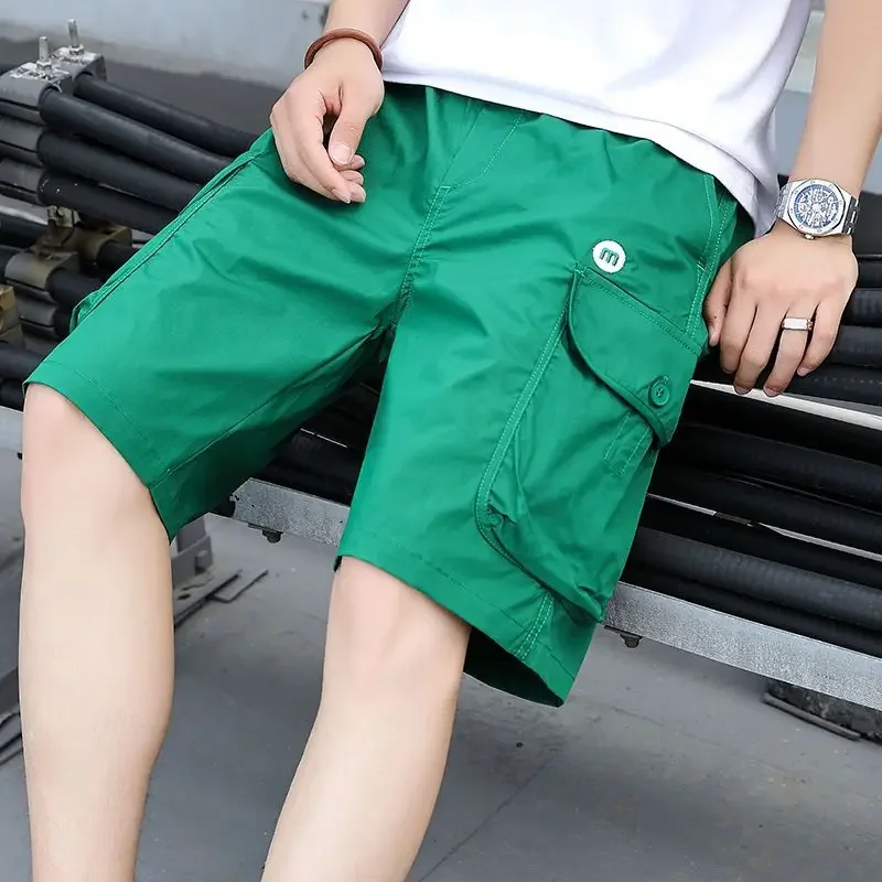 Green Long Multi Pocket Half Solid with Draw String Bermuda Elastic Waist Short Pants for Men Mens Cargo Shorts Elegant Clothes