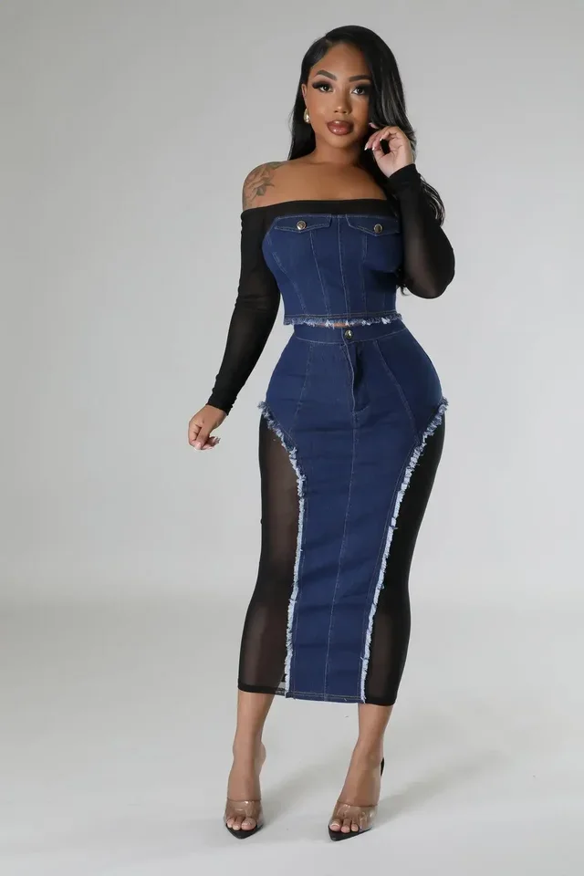 

Fashion Women Set Off Shoulder Mesh Long Sleeve Denim Crop Top and Bodycon Midi Maxi Skirt Two 2 Piece Set Outfit
