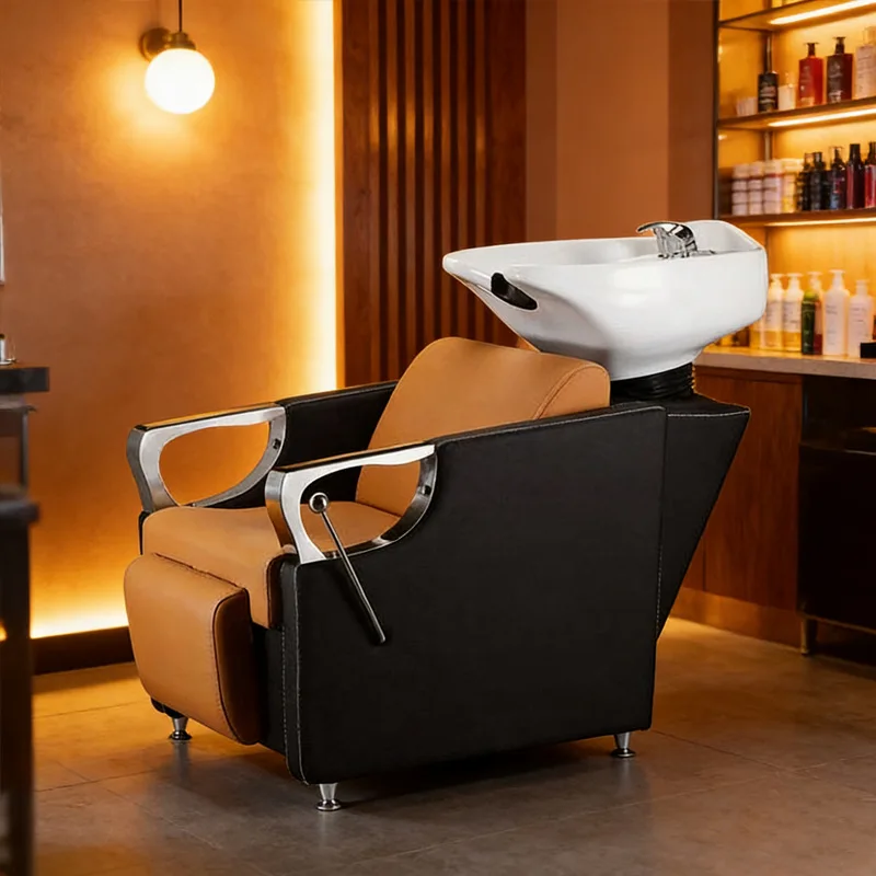 Modern Semi Reclining Salon Shampoo Chair Leather Upholstery With Footrest Ceramic Basin Hair Washing Backwash Unit Barber Shop