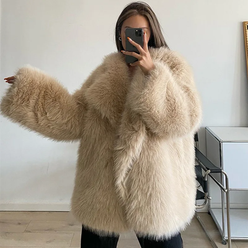 Winter 2023 New Fox Fur Mid-length Suit Collar Faux Fur Coat Fashion Thickens To Keep Warm Faux Fur Coats