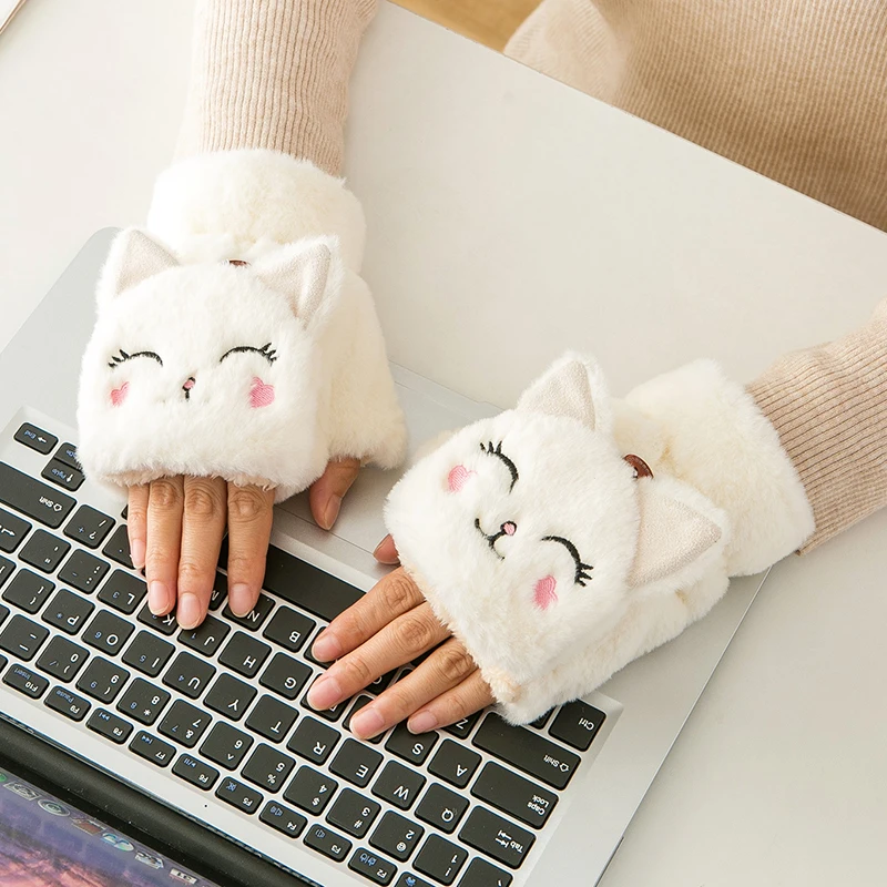 Winter Cat Rabbit Mittens Fingerless Gloves Thick Soft Plush Winter Warm Glove for Women Girls Half Finger Flip Gloves Mttten