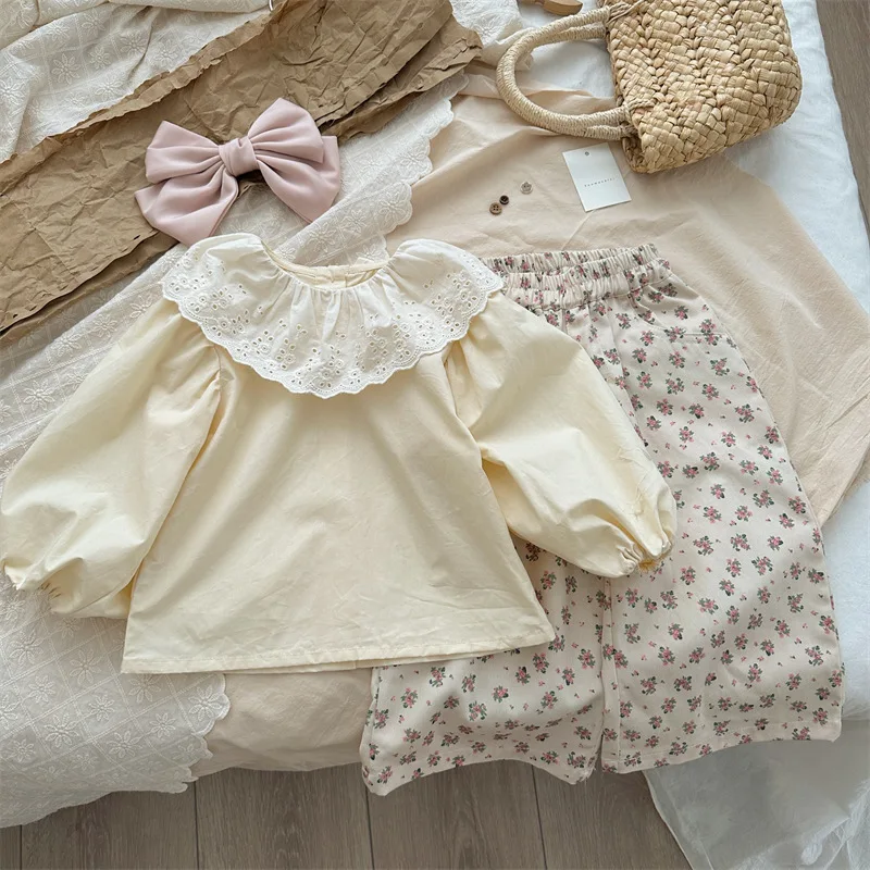 

Happy Fan2025Spring New Children's Lace Collar Cotton Shirt Girls Baby Solid Color Puff Sleeve Blouse Top