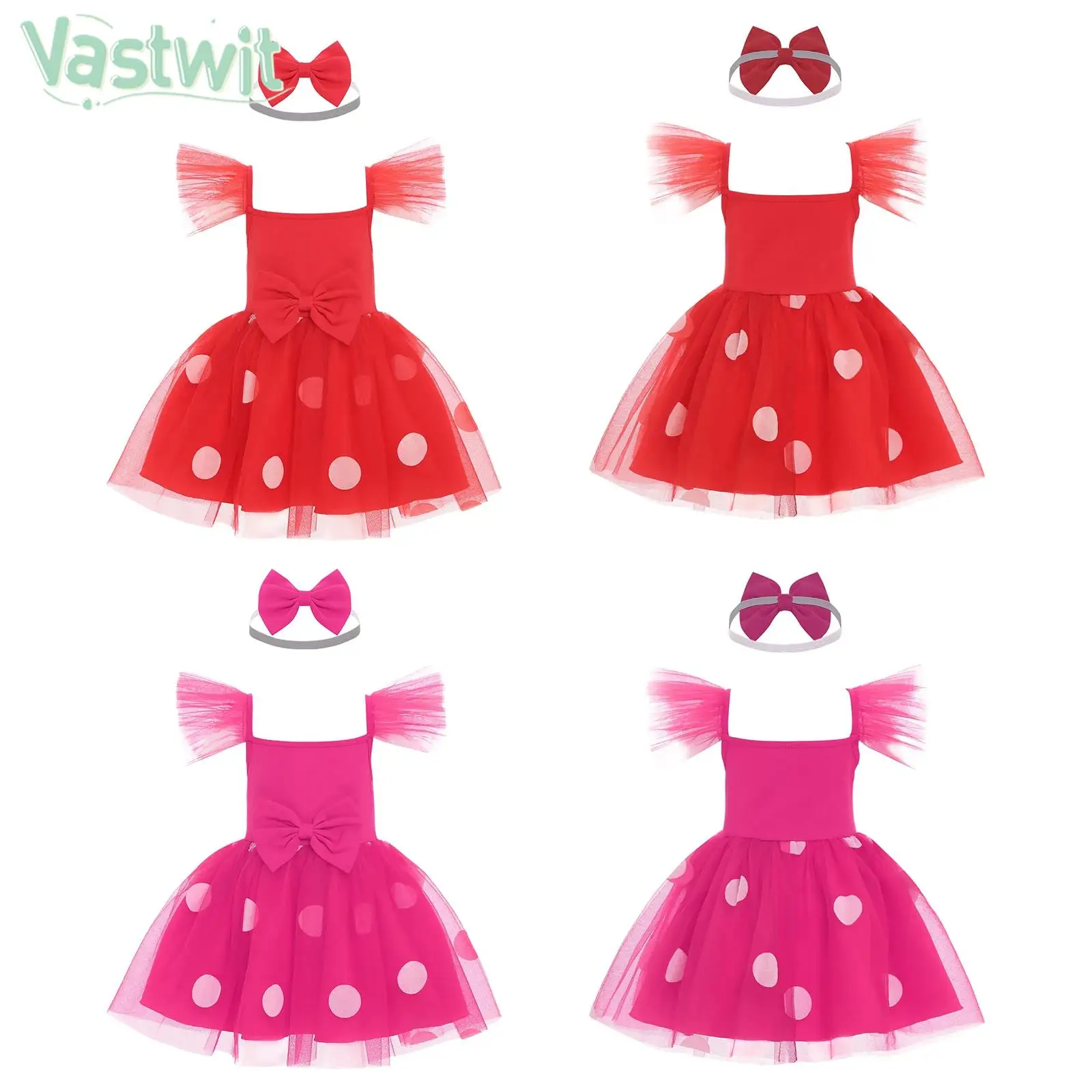 

Летнее милое платье принцессы для маленьких девочек, сетчатое бальное платье-пачка с рукавами-крылышками и бантом в горошек с повязкой на голову для дня рождения, свадьбы, вечеринки