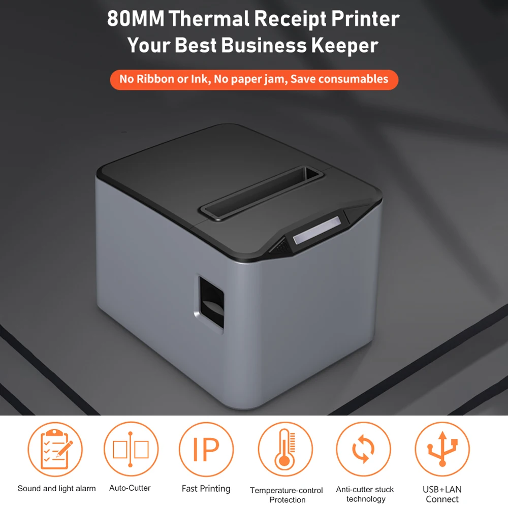 

Bisofice Thermal Receipt Printer 80mm Desktop Direct Thermal Printing USB+LAN Connection High Speed with Auto Cutter Large Paper