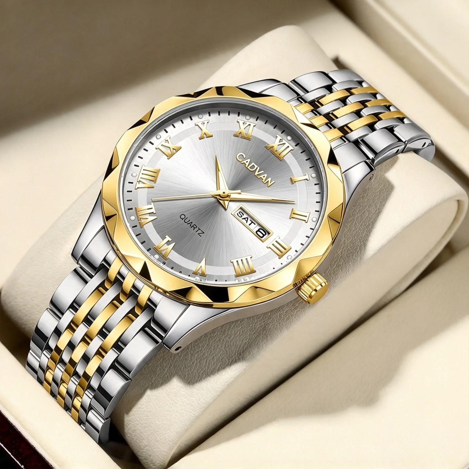 CADVAN Men's Luxury Steel Strap Calendar Watch with Stylish Stainless Steel Strap, Perfect Gift for Men's Watches - Boxed