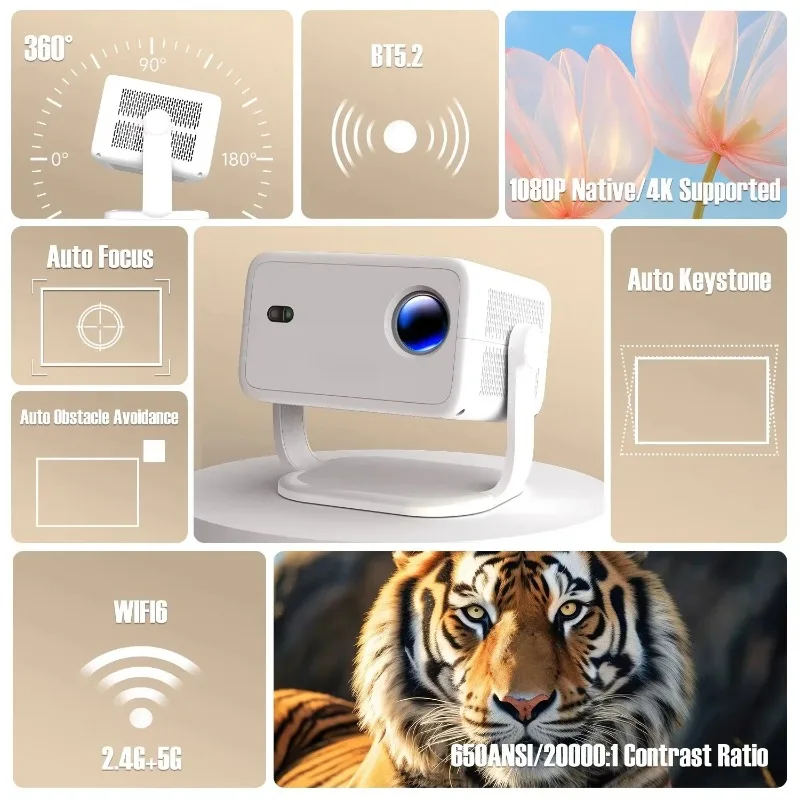 Native 1080P 650ANSI 4K Android11 L018 Voice Projector With Auto Keystone Correction Wifi6 BT5.2 Portable Movie Outdoor - Image 3