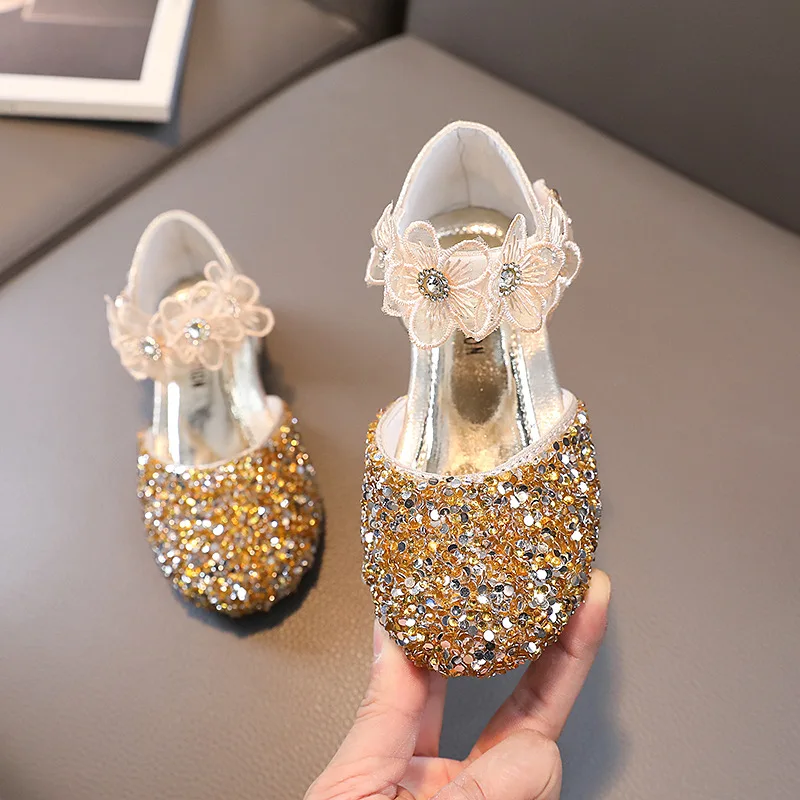 Summer Sandals Fashion Bling Glitter Little Girl Princess Sandals Children Lace Flower Stage Show Kid Sequined Performance Shoes