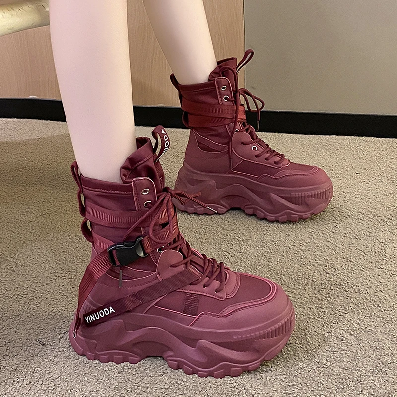 Spring Women Thick Sole Ankle Boots Autumn Luxury Platform Casual Boots Women\'s 8cm High Heels Wedge Boots Shoes Woman Sneakers