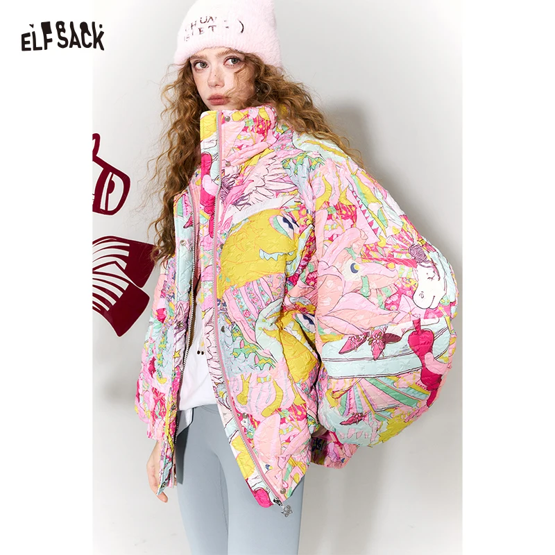 ELFSACK Women's Y2K Sweet Playful Loose Lapel Bomber Jacket Original All over Graphic down Filled Streetwear