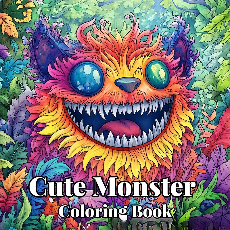 Cute Monster Coloring Book Psychedelic Furry Creature Forest Leaf Stress Relief Drawing Book