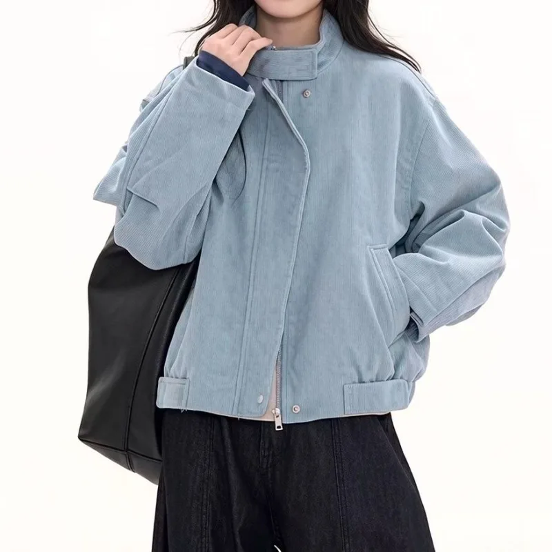 Blue Corduroy Stand Collar Short Jacket for Women Autumn New Collar Snap Design Niche Temperament Coat Top for Women Streetwear