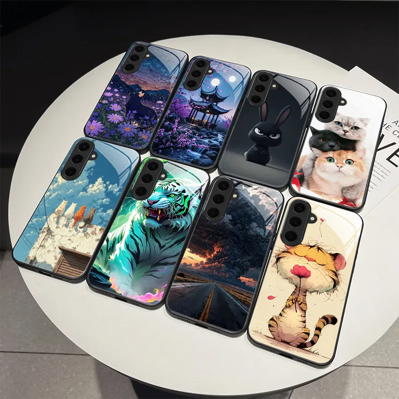 حافظة هاتف لهاتف سامسونج S24/S24 Plus تصميم عصري خيالي من الزجاج المقسى مصد صلب لهاتف جالاكسي S 24 أغطية خلفية للحماية الكاملة