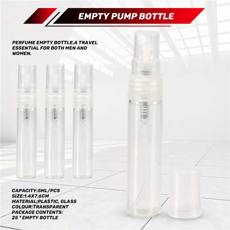 A67P-25Pcs Mini 5Ml Glass Refillable Travel Perfume Empty Bottle Atomizer Pump Spray