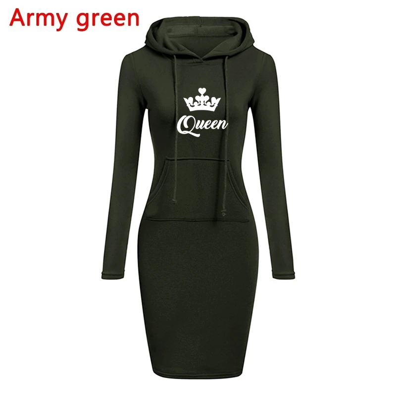 Hot Women's Queen Printed Knee Dresses Hoodie Slim Dresses Solid Hoodie Dress Long Sleeve Vintage Female Trendy Vestidos