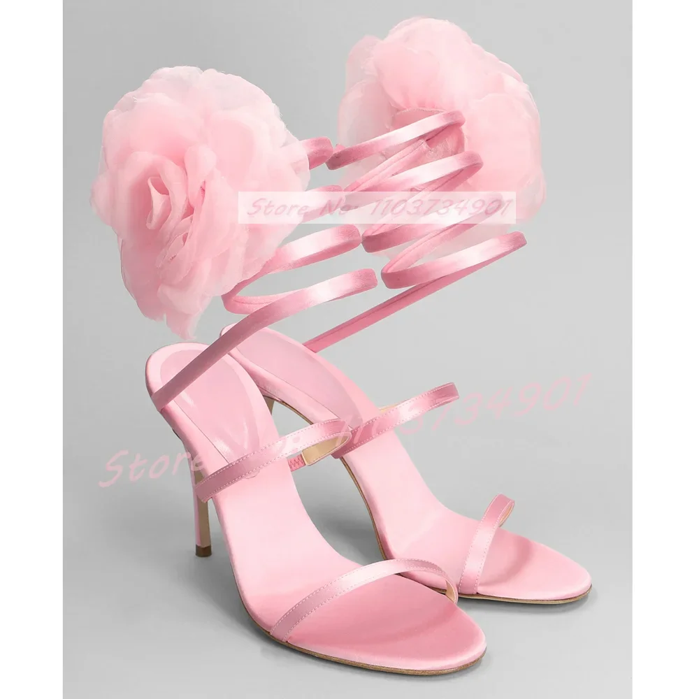 Sandalias de tacón alto con tiras cruzadas para mujer, zapatos de aguja de punta redonda de satén, elegantes, de lujo, a la moda, color rosa