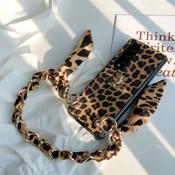 Woman Sexy Leopard Print PU Leather Phone Case For Samsung Galaxy Z Fold 6 5 4 3 Lock Cover With Portable Chain Of Silk Scarves