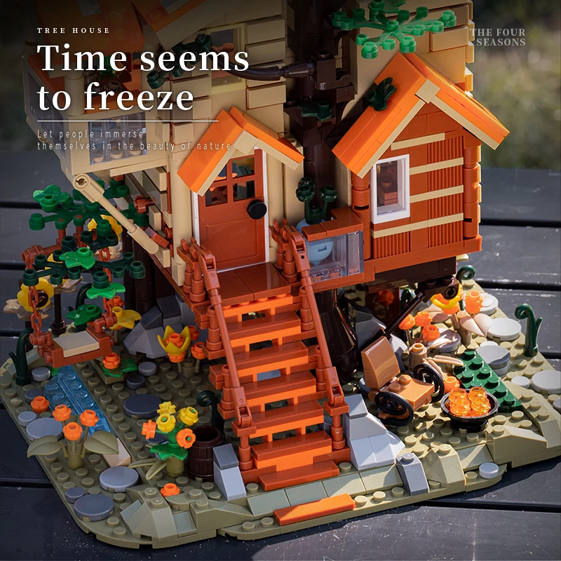 1711 Uds. Casa de árbol creativa de las cuatro estaciones, bloques de construcción, vista de la calle de la ciudad, casa de madera, montar ladrillos, juguete para regalo para niños