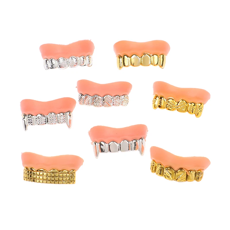 2 قطعة الأسنان الذهبية والفضية كاذبة مقلد غيبوبة الأسنان كاذبة مضحك خدعة الأقواس أزياء الهالوين مطلي #4