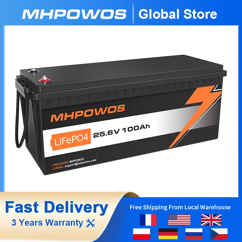 

MHPOWOS 24V 100AH LiFePo4 Battery Built-in BMS Lithium Iron Phosphate Cell Up to 15000 Cycles For Golf Cart Solar Home Storage