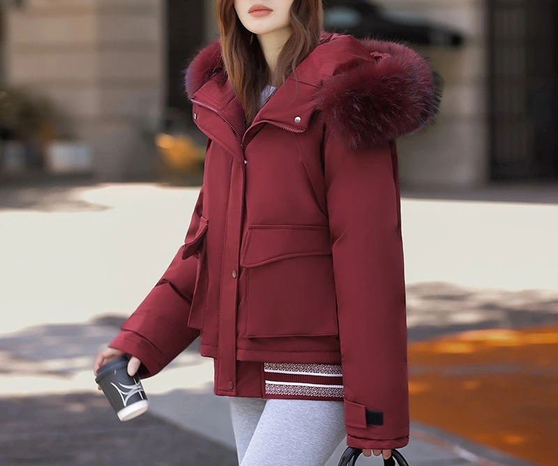New Plus Size Women's Short Student Cotton Jacket with Loose Large Fur Collar and Contrasting Colors