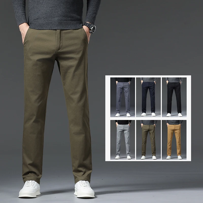 

Хлопковые мужские эластичные повседневные брюки, классические однотонные деловые прямые брюки со средней и высокой талией, осенняя одежда, хаки, черный, синий