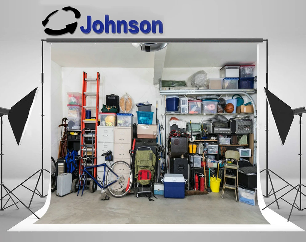 

JOHNSON Garage Storage Shelves Vintage Objects Equipment photography backgrounds Computer print children kids photo backdrop