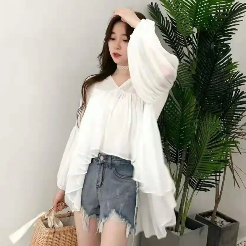 Spring Summer V-Neck Pink Chiffon Shirts Loose Sweet Two-piece Pleated Blouses Irregular Lantern Sleeve Crop Tops Blusas Mujer