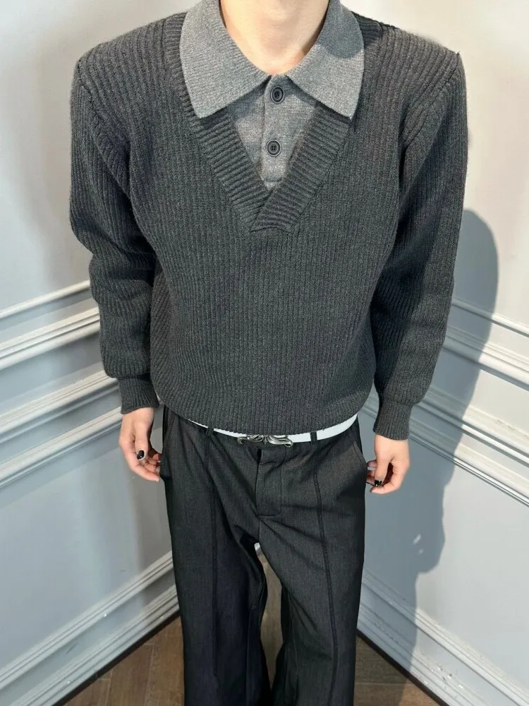Mens Autumn Casual Fake Two Piece Colors Panelled Sweater Top Lapel Collar Loose Fit Long Sleeve Wool Knitwear Pullover Jumpers