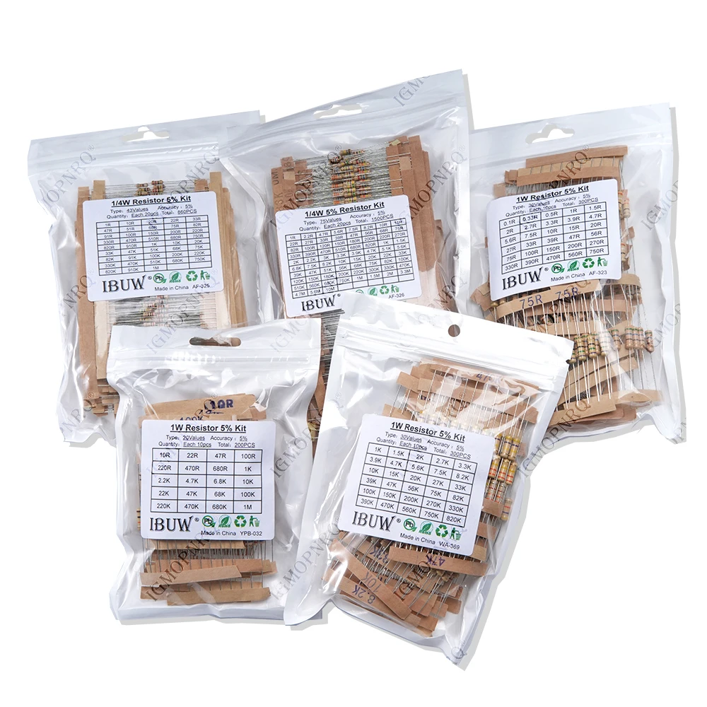 150PCS 300PCS Zestaw rezystorów 1W 2W 3W 5W 5% 30Kinds X 10PCS Rezystancja folii węglowej 0.1-750 ohm Zestaw 1k-820K 30Kinds X 5PCS hjxrhgal