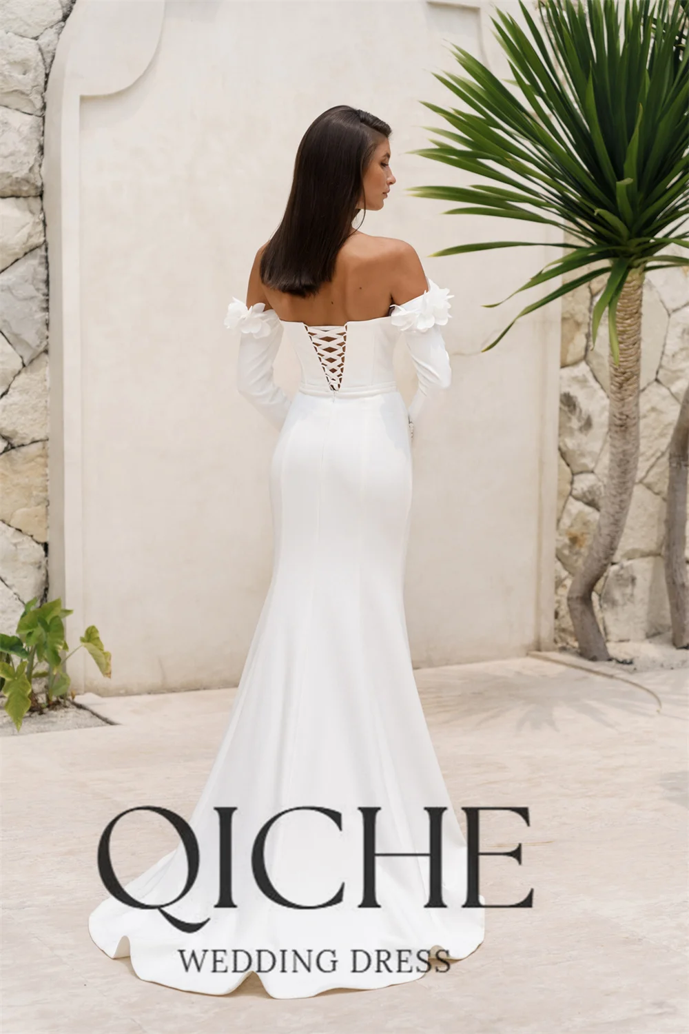 QICHE Vintage Long Sleeves Mermaid Wedding Dresses Boat-Neck 3D Flowers Open Back Bridal Party Gown Vestido De Noiva Customized