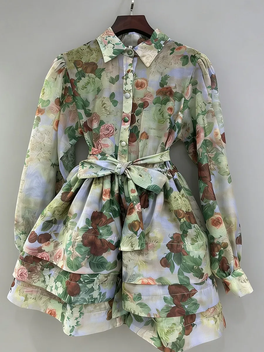 TWOTWINSTYLE 프린팅 시스루 레이스업 빈티지 드레스 여성용 라펠 긴 소매 패치워크 러플 드레스 여성 의류