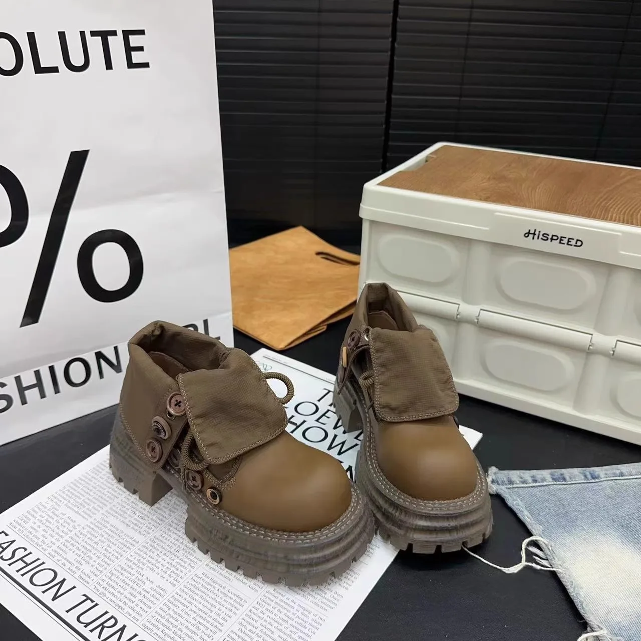 Short boots women 2026 new retro collar button sponge cake thick bottom workwear boots women