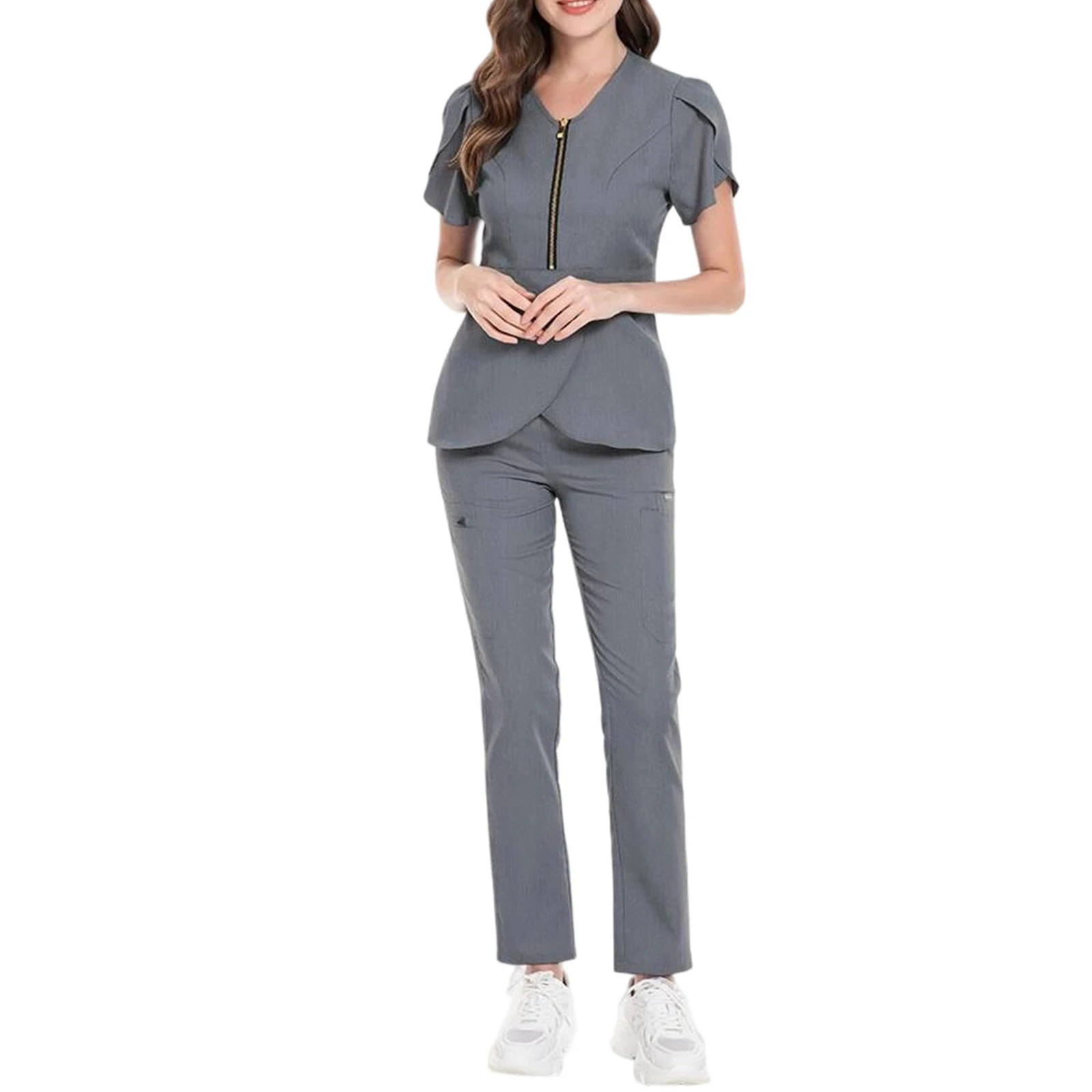 Conjunto de enfermeira feminina, decote em v, manga curta, zíper, manga plissada, calças compridas multicoloridas, uniforme médico, roupa de trabalho de saúde