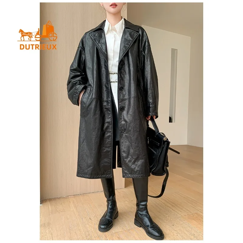 2025 New Autumn Women's Trench Coat Style Mid-length Genuine Leather Jacket, 100% Genuine Sheepskin, Women's Loose Fashion Coat