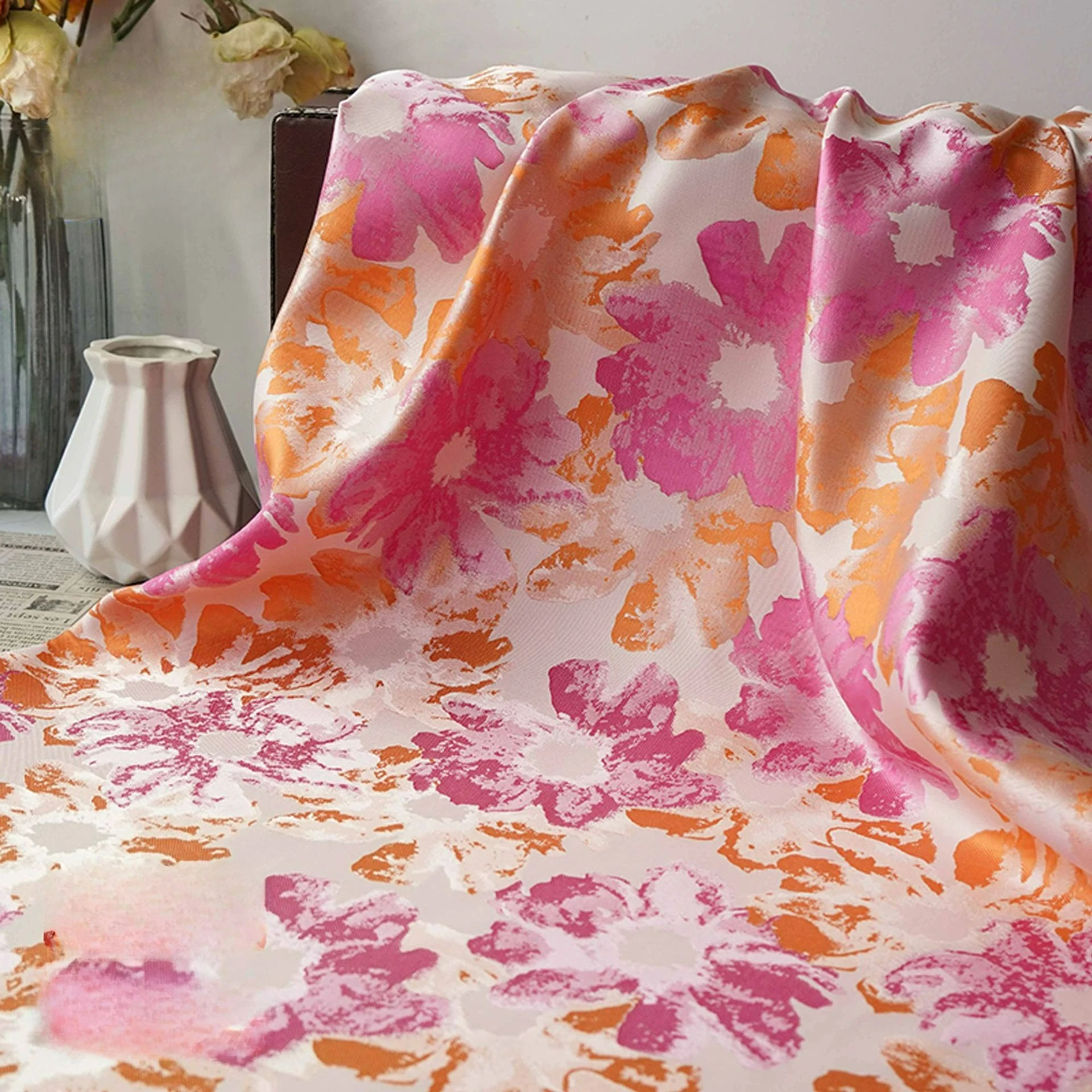 

Orange Pink Color Large Floral Jacquard Fabric Resort Style Dress Top Luggage Bag Decorative Sewing Fabric