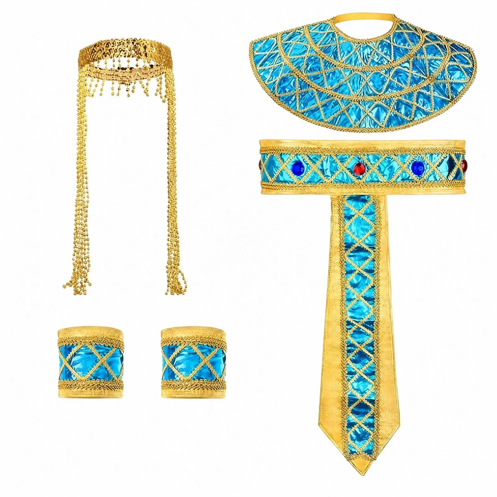 Pharaonic-Style Costume Accessory Ensemble with Geometric Patterned Blue and Gold Pharaonic Costume Accessory Kit Decorative for