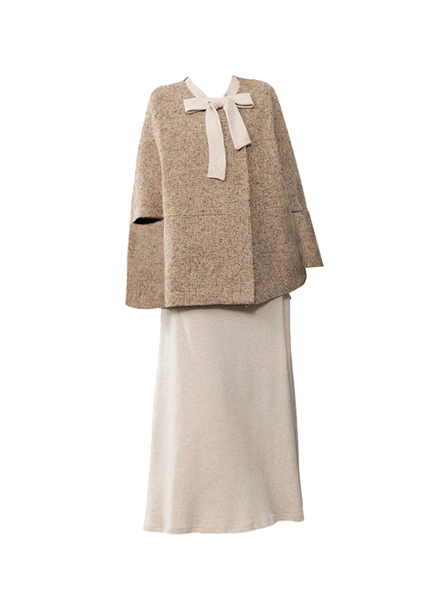 

plus Size Faionable Outfit Set with Cape Long Sve Dr And Bow Design Two Piece Set Women's Spring Casual Breathable Li...