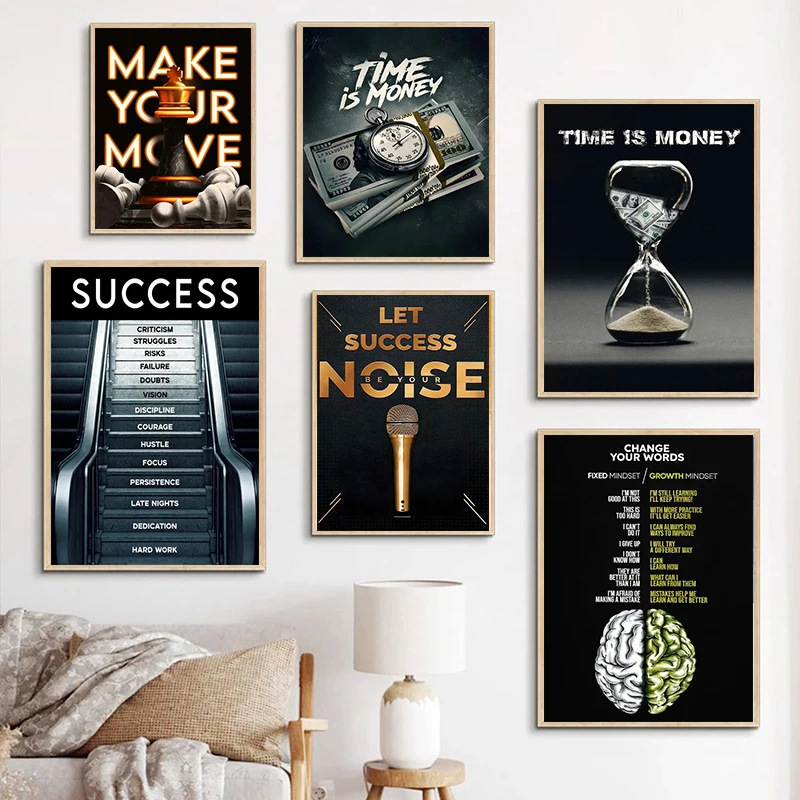 Time Is Money Posters and Prints Motivational Quote Success Steps Canvas  Paintings Wall Art Pictures for Office Room Home Decor