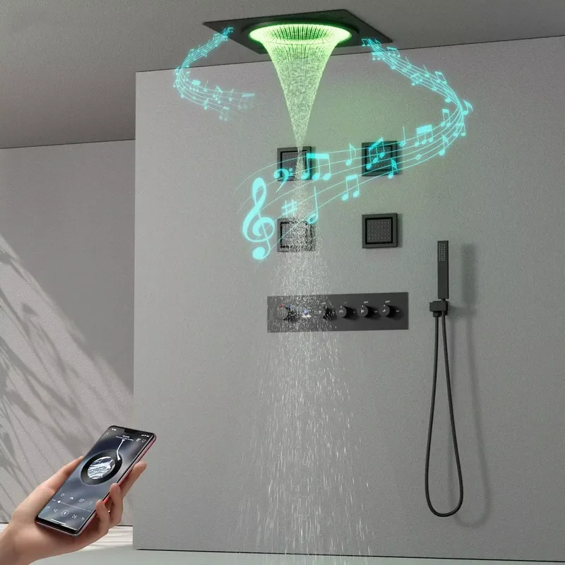 Smart LED Shower Set Bathroom Music Concealed Rainfall System Black Matte Wall Mounted Luxury Spa Home Hotel Decor Gift view 3