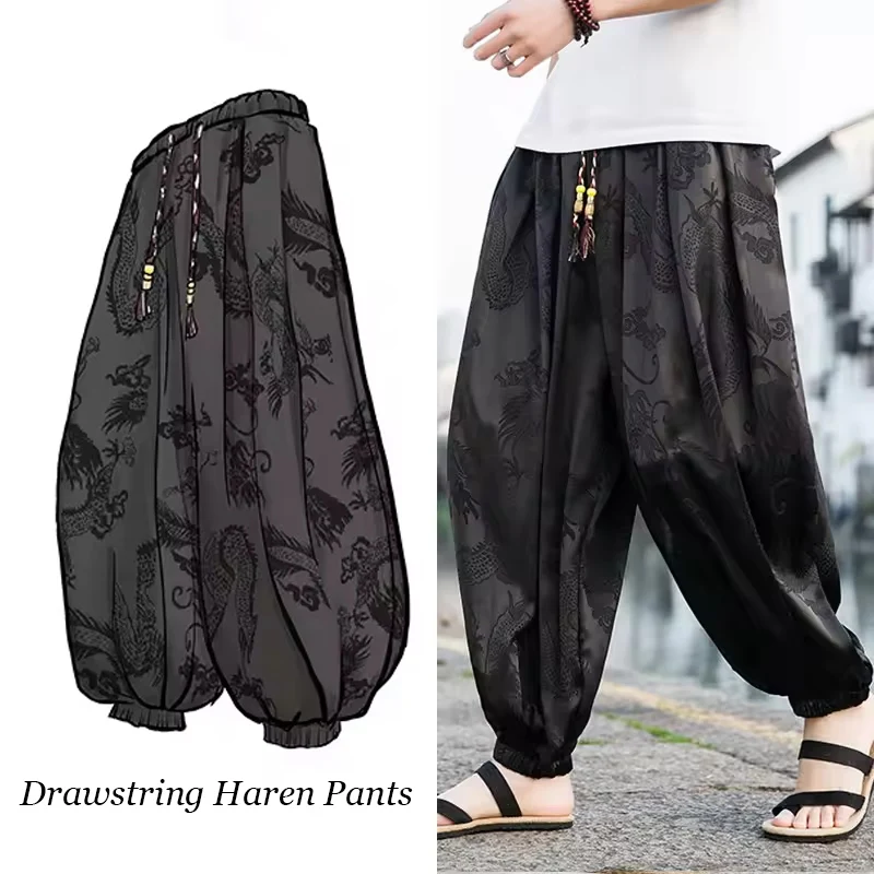 

New Men's Casual Pants Japan Style Loose Trousers Summer Lce Silk Dragon Dark Flower Pants Outdoor High Street Casual Drawstrin