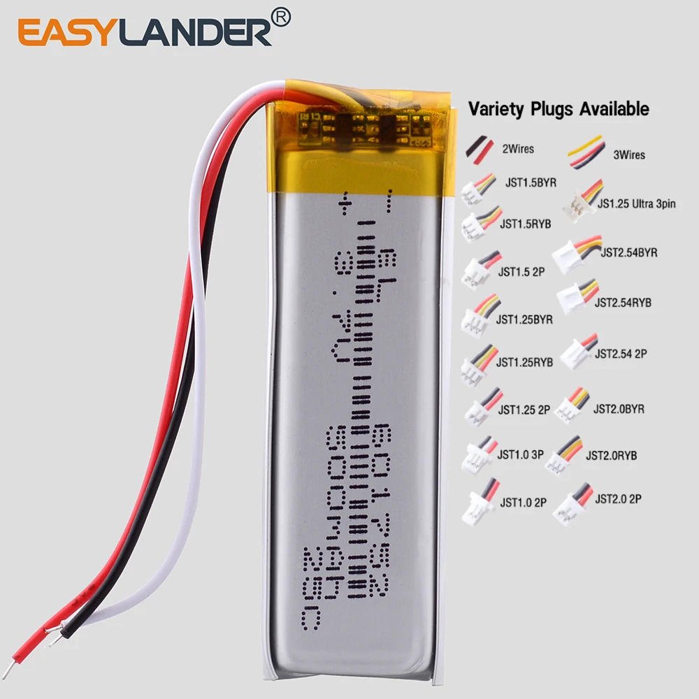JST1.0 2P JST1.5 3Pin 601752 3.7V 500mAh Rechargeable Lithium Polymer Battery Lipo Batteries