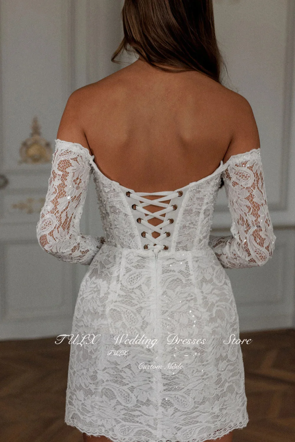 TULX Elegant Mini Prom Dresses Off The Shoulder Lace Appliques Short White Wedding Dress Corset Bride Dress Vestidos De Gala