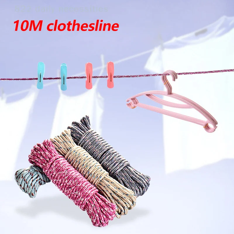 Cuerda de tendedero de 10 metros, resistente al viento, antideslizante, gruesa, para interior y exterior, sin necesidad de perforar, para ropa mojada.