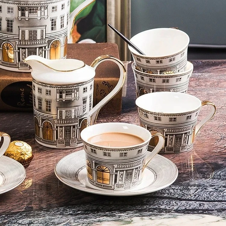 2026-11Pcs/Set Architettura Design Bone China Tea Coffee Pot Milk Pot Sugar Bowl Cup and Saucer Set Retro Swan Castle Design