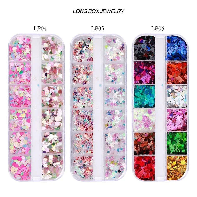 12 Grids/Set Mixed Size Nail Glitter Flakes 3D Sequins Powder Charm Nail Art Decoration Manicure Tools